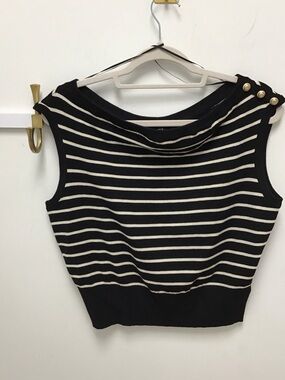Steve Madden Serita Striped Sleeveless Knit Top with Button Detail - Black/Cream